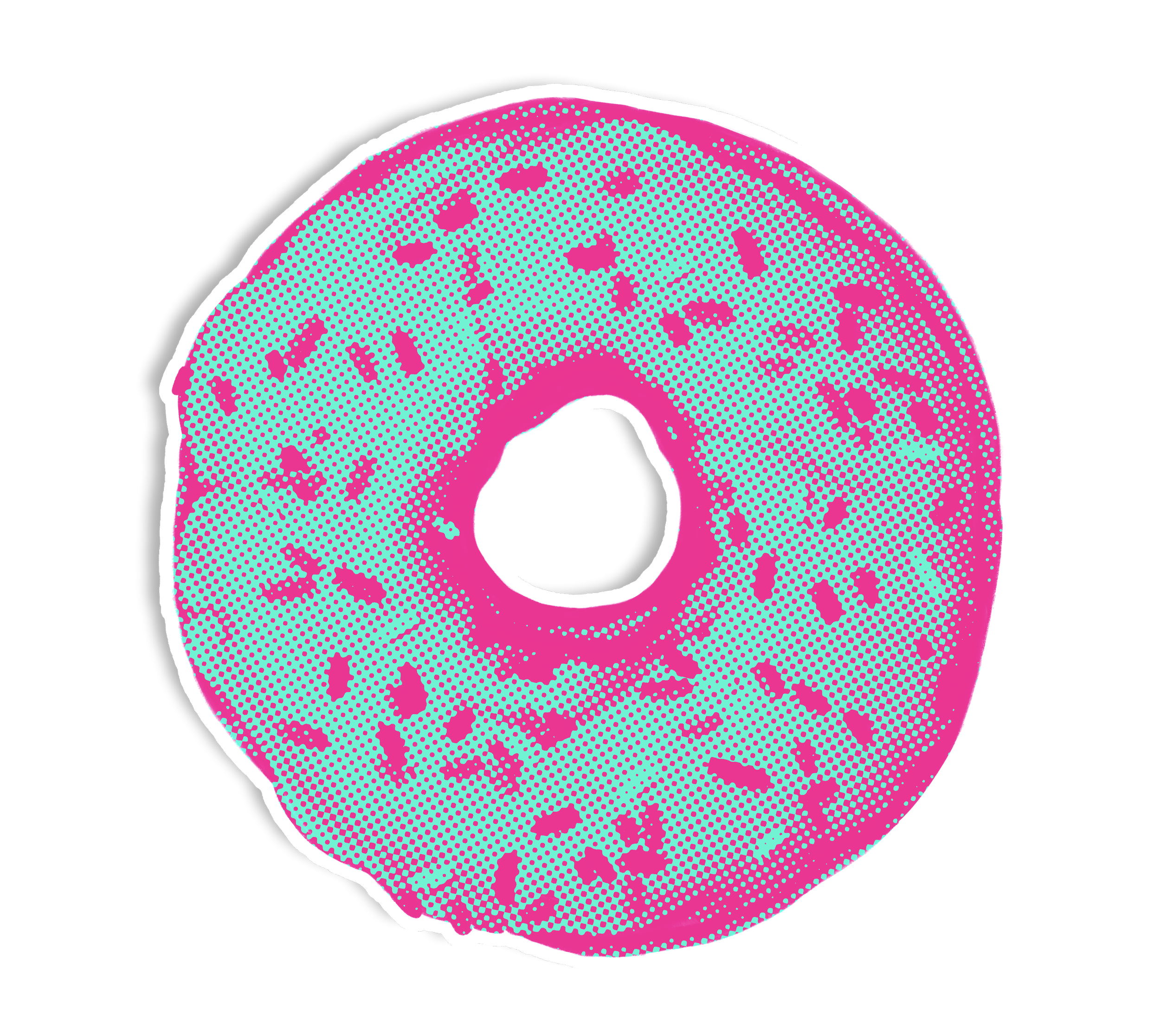 Pop art depiction of a pink and blue donut with sprinkles on a black background.