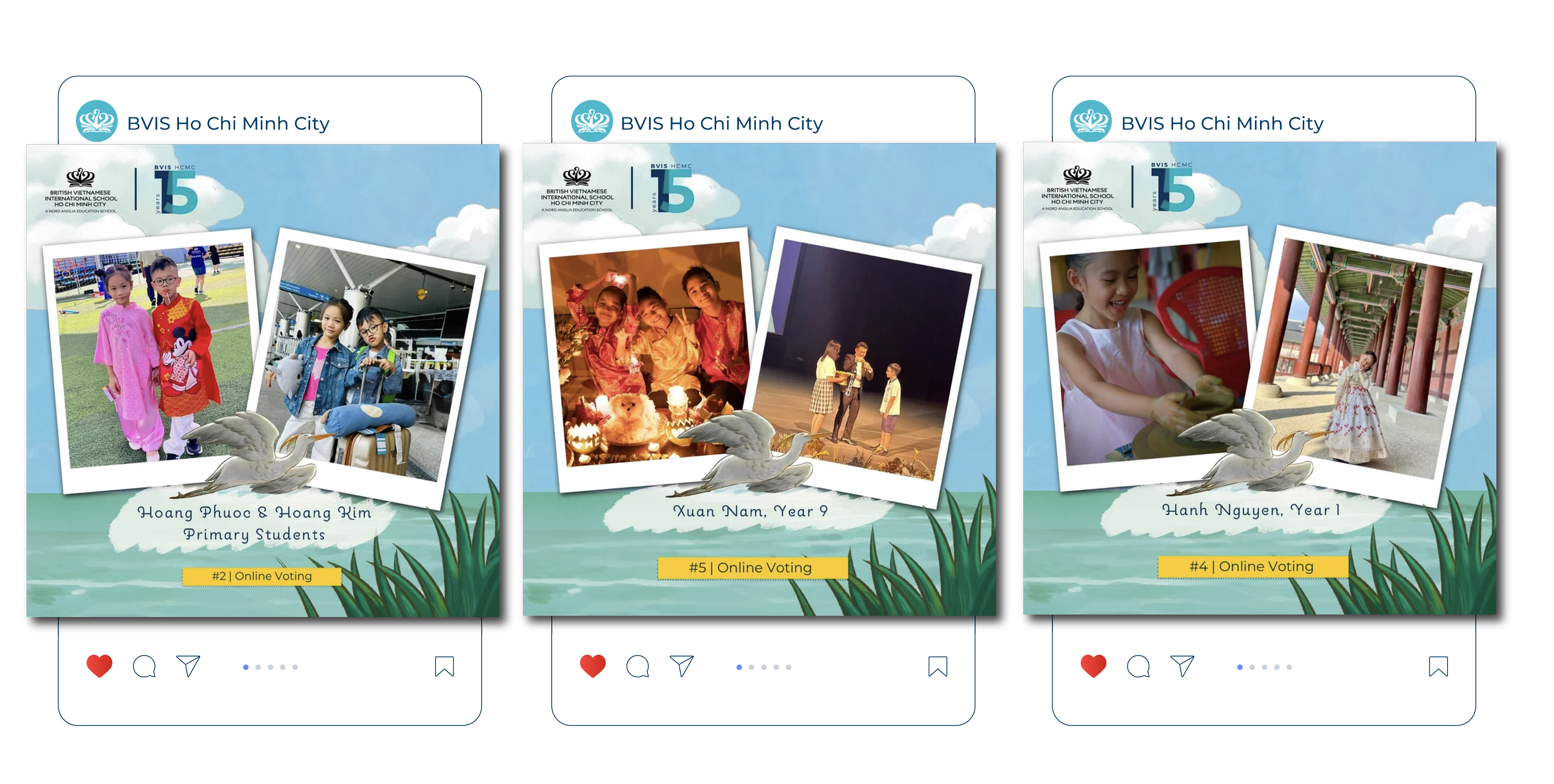 Three posters celebrating the 15th anniversary of British Vietnamese International School Ho Chi Minh City, featuring photos of students and activities, with event details and online voting hashtags.