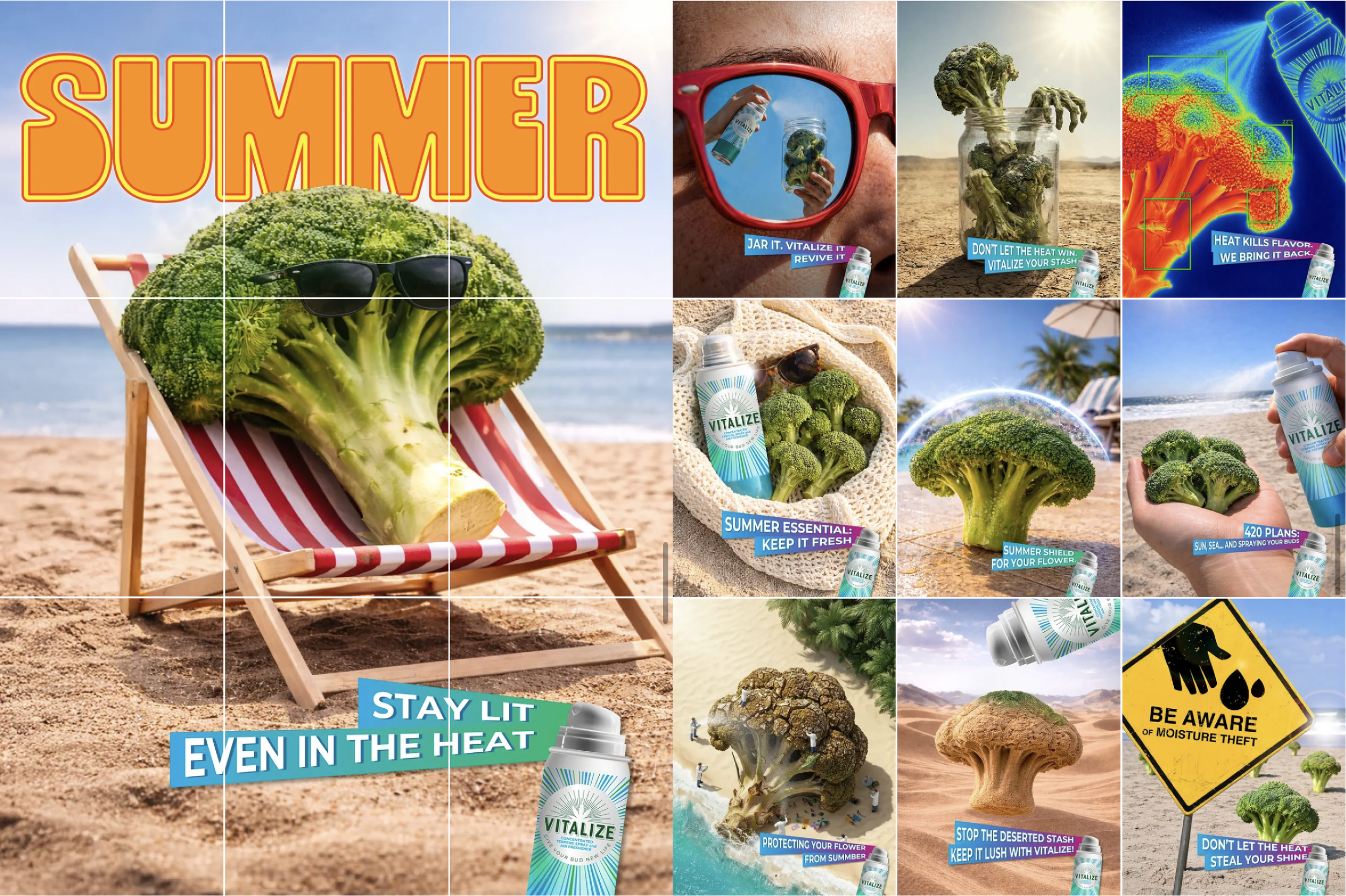 A collage of images promoting broccoli and a supplement called Vitalize with summer themes. The main image features a broccoli on a beach chair wearing sunglasses with the word "SUMMER" in bold, orange letters. Other images show a person holding broccoli and spray, broccoli in jars and baskets, and various signs and graphics emphasizing health, summer, and protection.