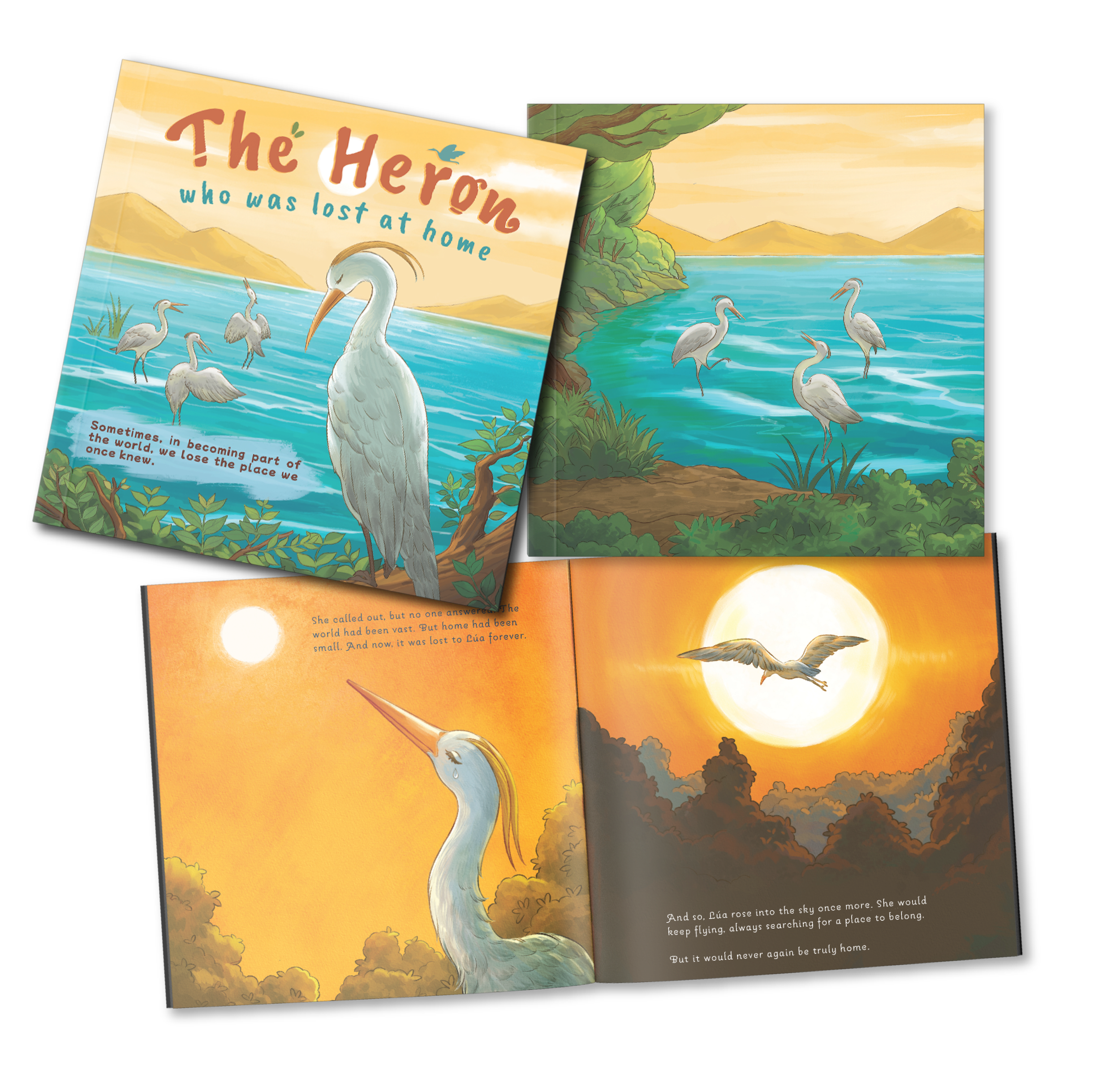 Open children's book titled 'The Heron who was lost at home' showing a heron in a lake surrounded by trees, with a mountain and sunset in the background.