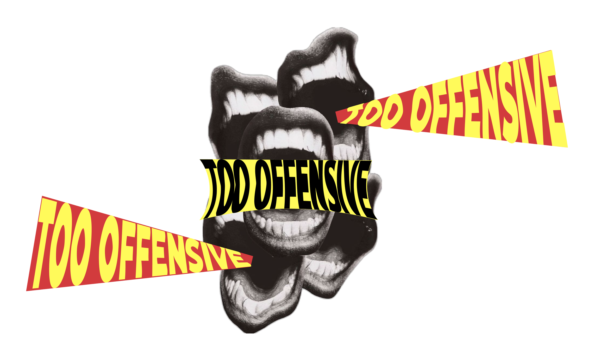Black and white illustration of three screaming mouths with the words "TOO DEFENSIVE" in bold yellow letters on a red background running across the mouths.