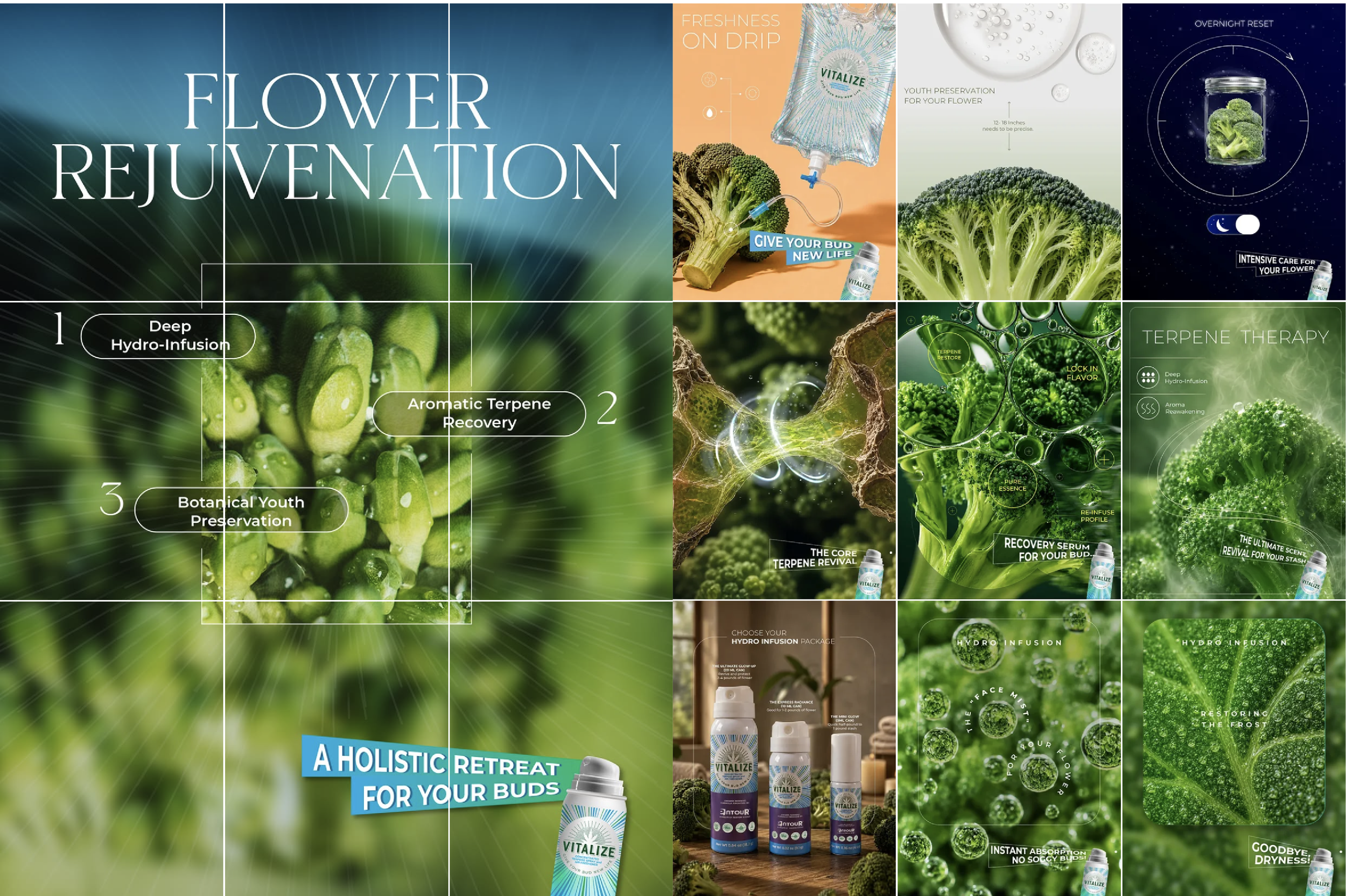 A collage of images and text promoting flower rejuvenation products and techniques, including broccoli, hydro-infusions, terpenes, and preservation methods.