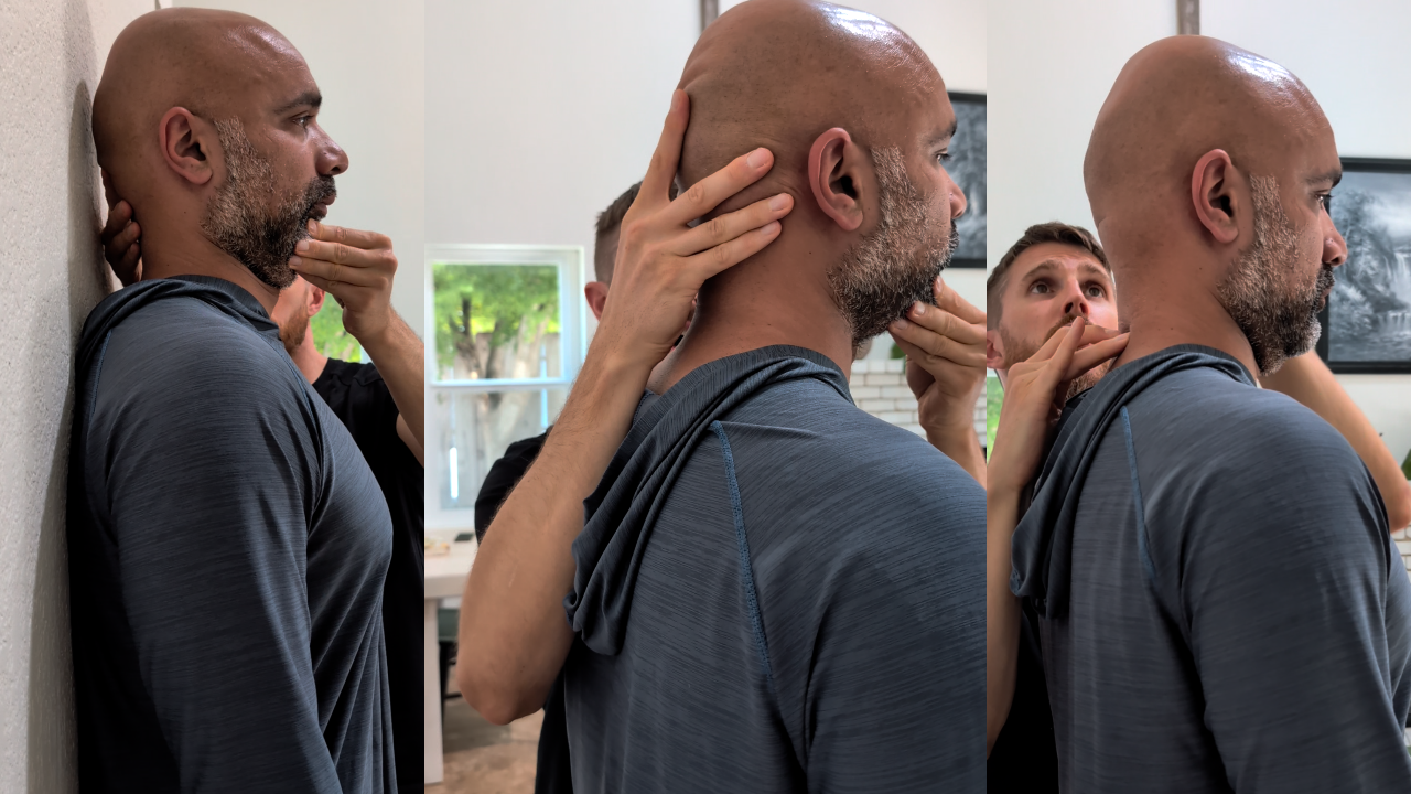Sequence of three images showing a man practicing self-myofascial release with a massage ball on his shoulder and neck, assisted by a person helping to stretch and apply pressure.