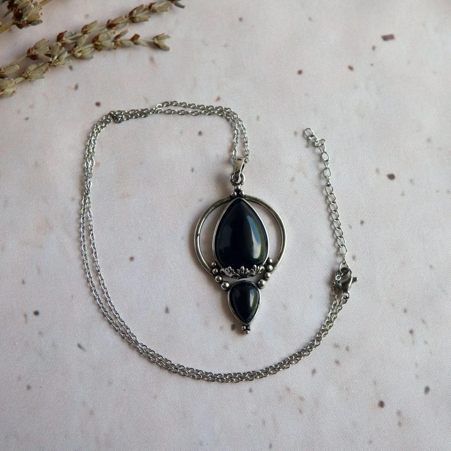 Natural Black Onyx gemstone pendant approximately 45 mm tall