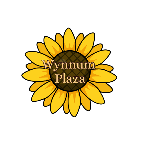 Sunflower with text overlay reading 'Wynnum Plaza' on a black background.