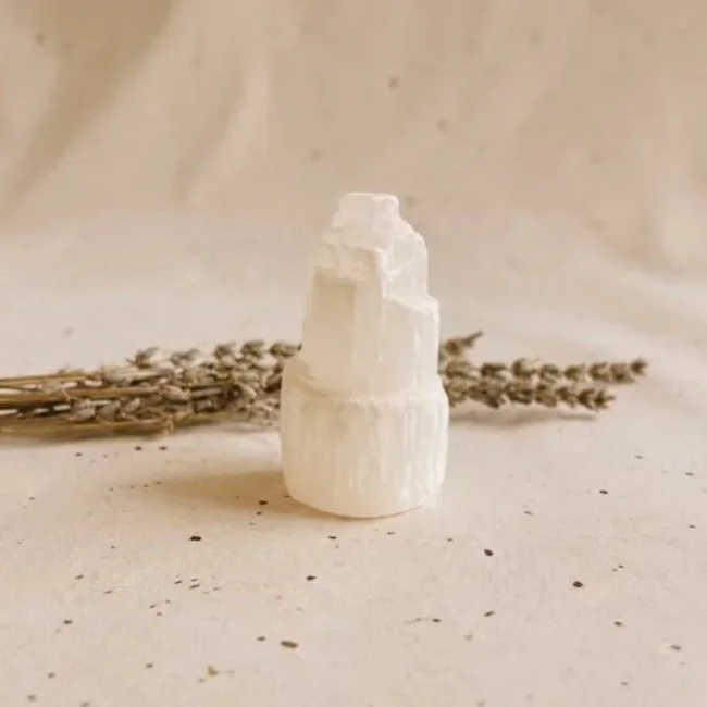Natural Satin Spar tower measuring approximately 6cm tall with a layered textured finish