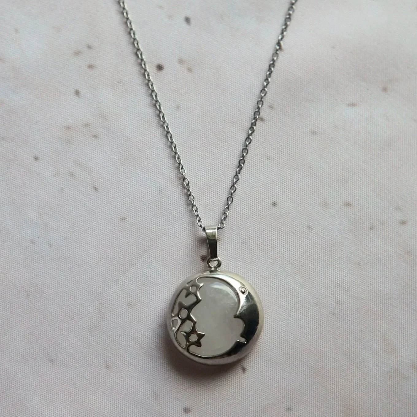 Clear Quartz Moon and Stars necklace with natural gemstone coin pendant