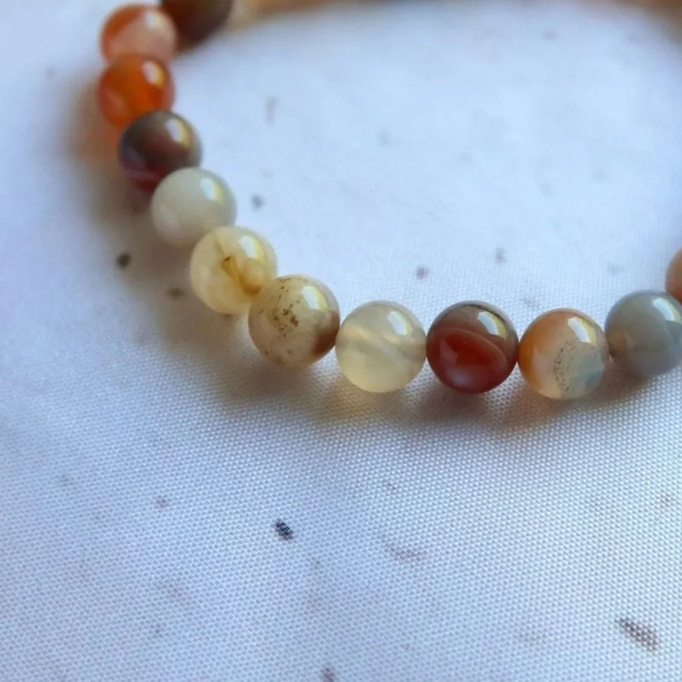 Close-up of natural colour variation and markings in a Natural Agate bracelet