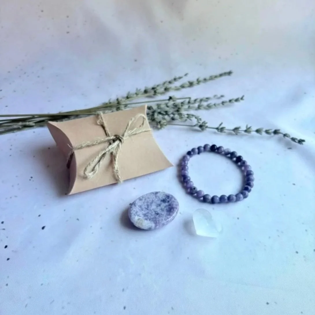 Peaceful Moments crystal gift set with Lepidolite bracelet, worry stone, and Satin Spar heart