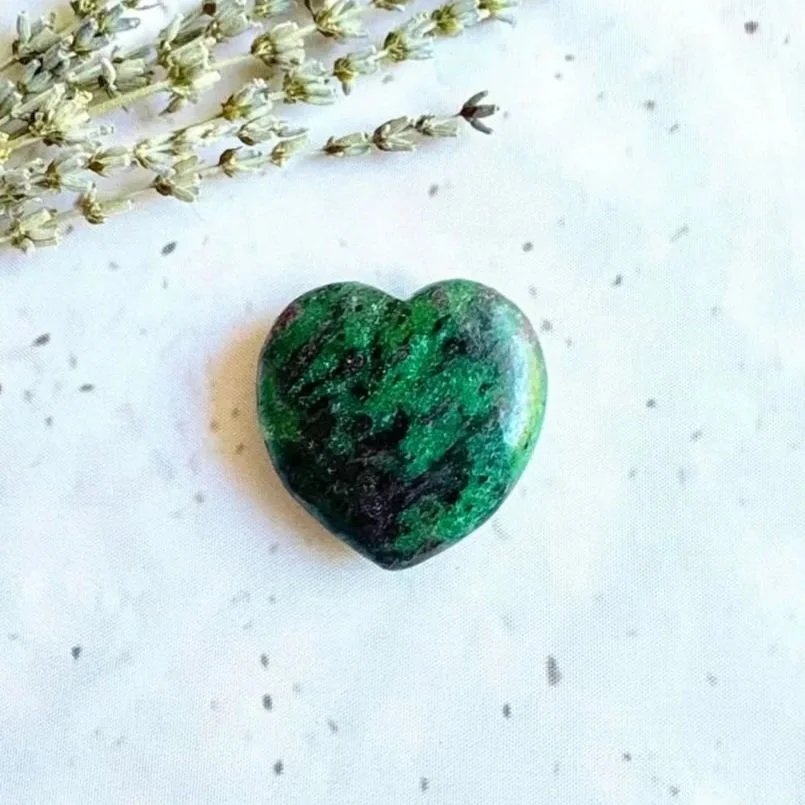 Exact Ruby in Zoisite heart measuring approximately 4cm with vibrant green and ruby colouring