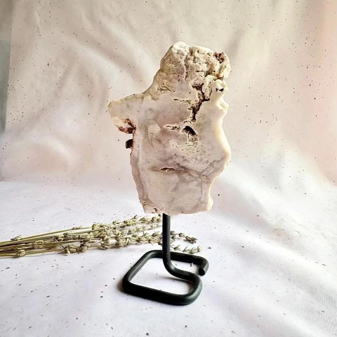 Pink Amethyst slab on stand measuring approximately 18.5cm tall