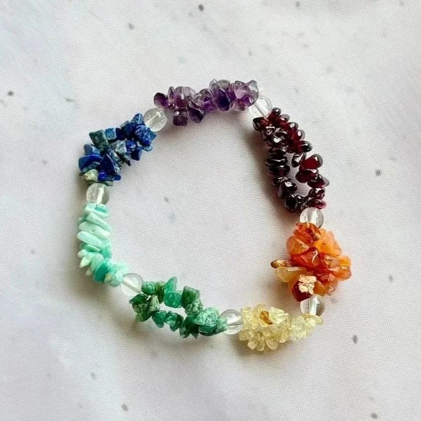 Natural Chakra double chip bracelet featuring two rows of colourful crystal chips