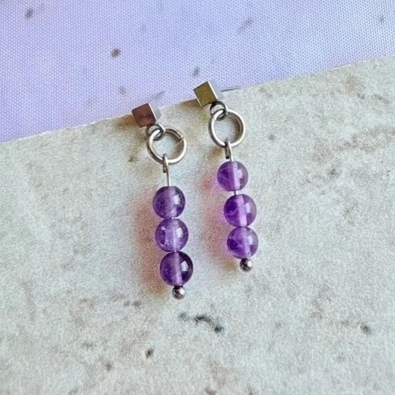 Handmade Amethyst trio drop earrings with three natural crystal beads