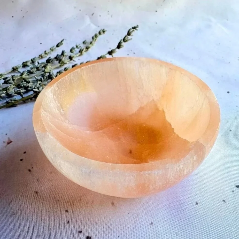 Natural Peach Satin Spar bowl suitable for holding jewellery and crystal tumbles