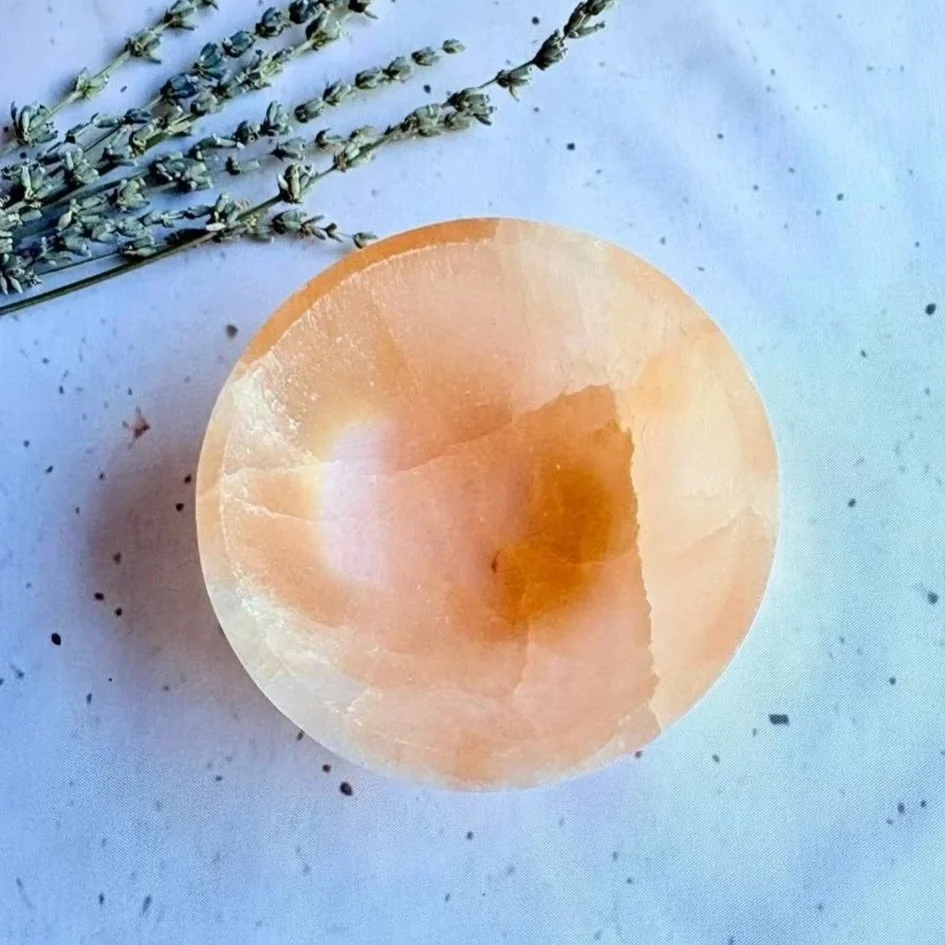 Peach Satin Spar crystal bowl commonly sold as Peach Selenite