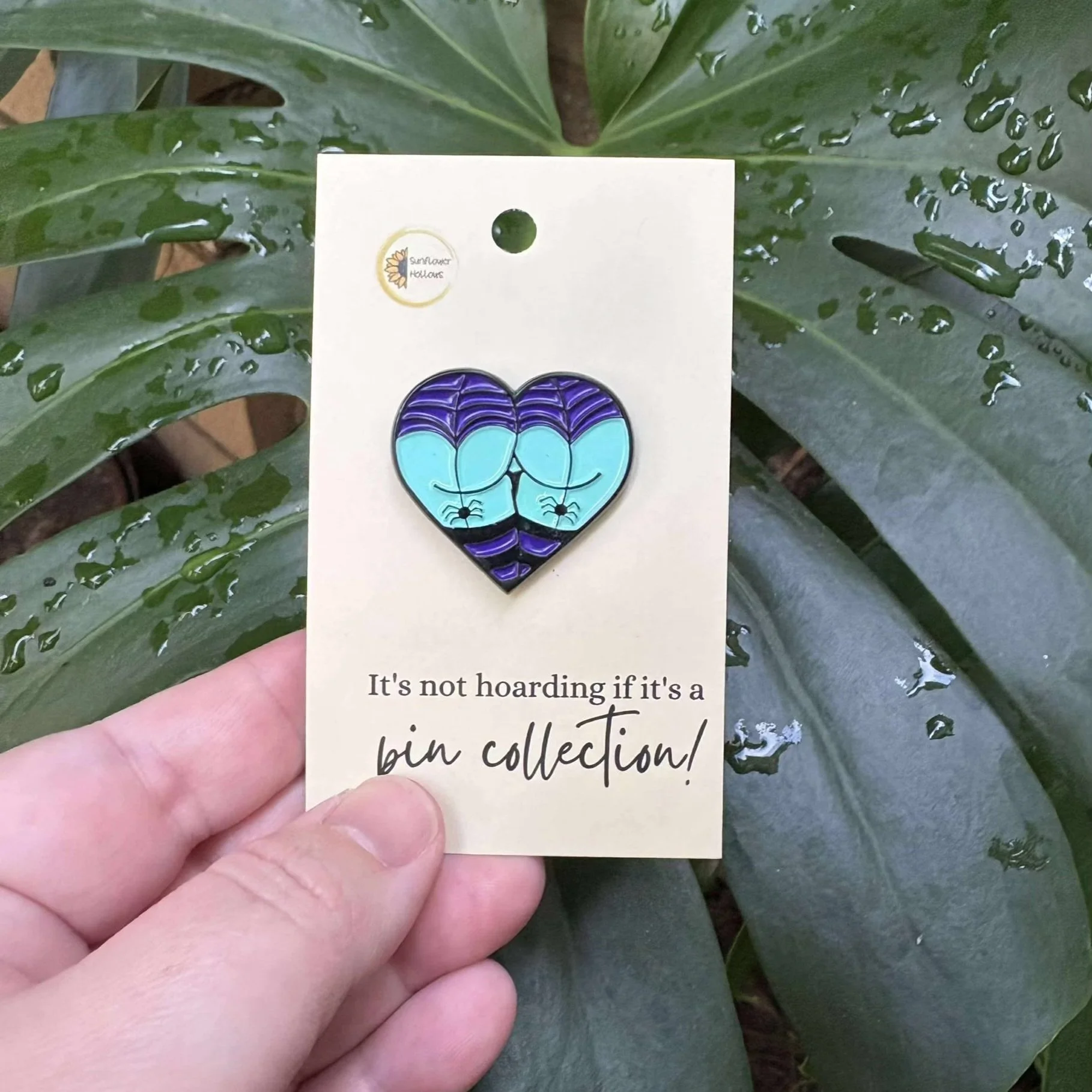 Fun love heart pin showing a sassy bum with spiderweb lingerie and spider details