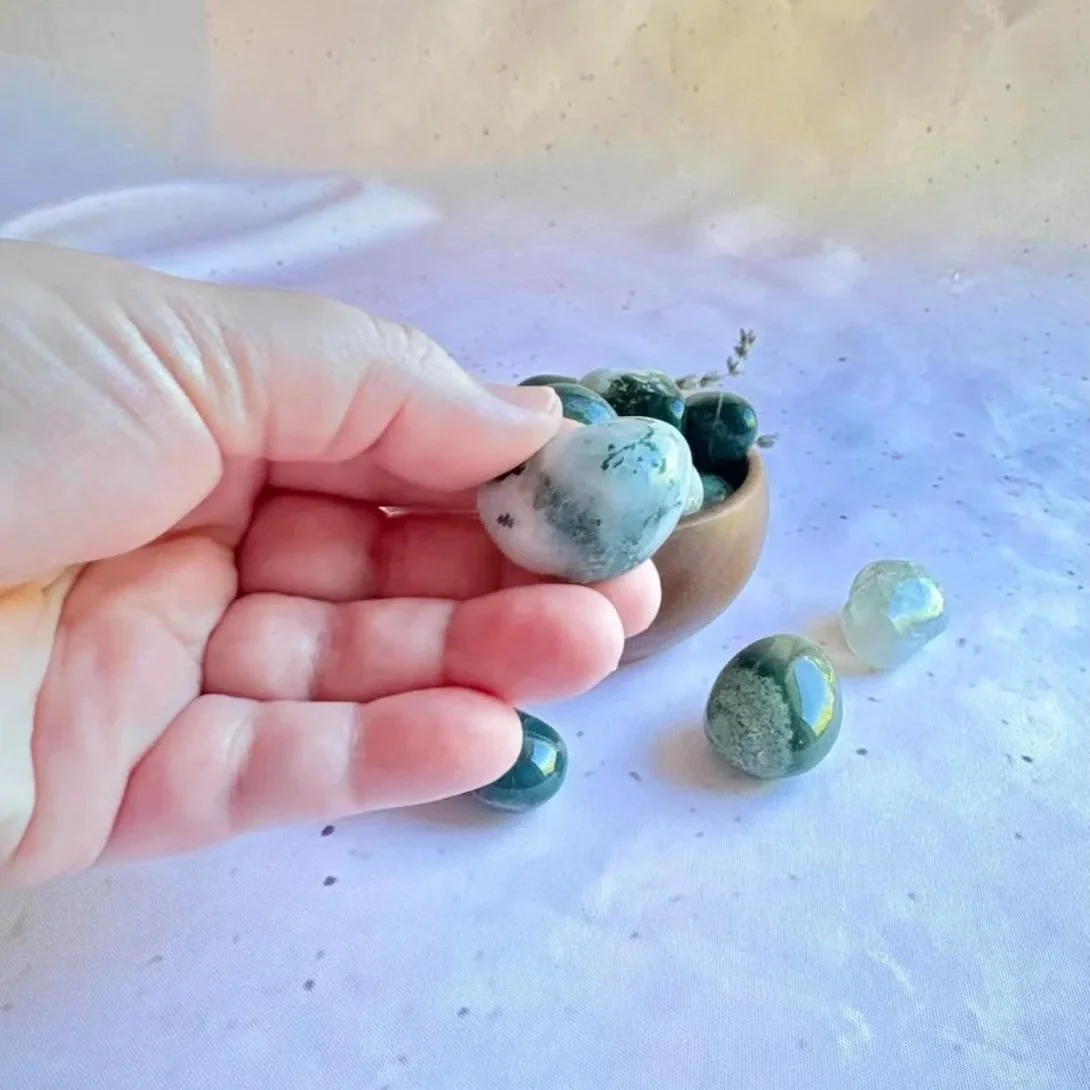 Polished Moss Agate crystal tumble featuring natural green and white patterns