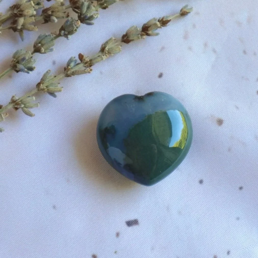 Natural Moss Agate puff heart with green moss-like inclusions