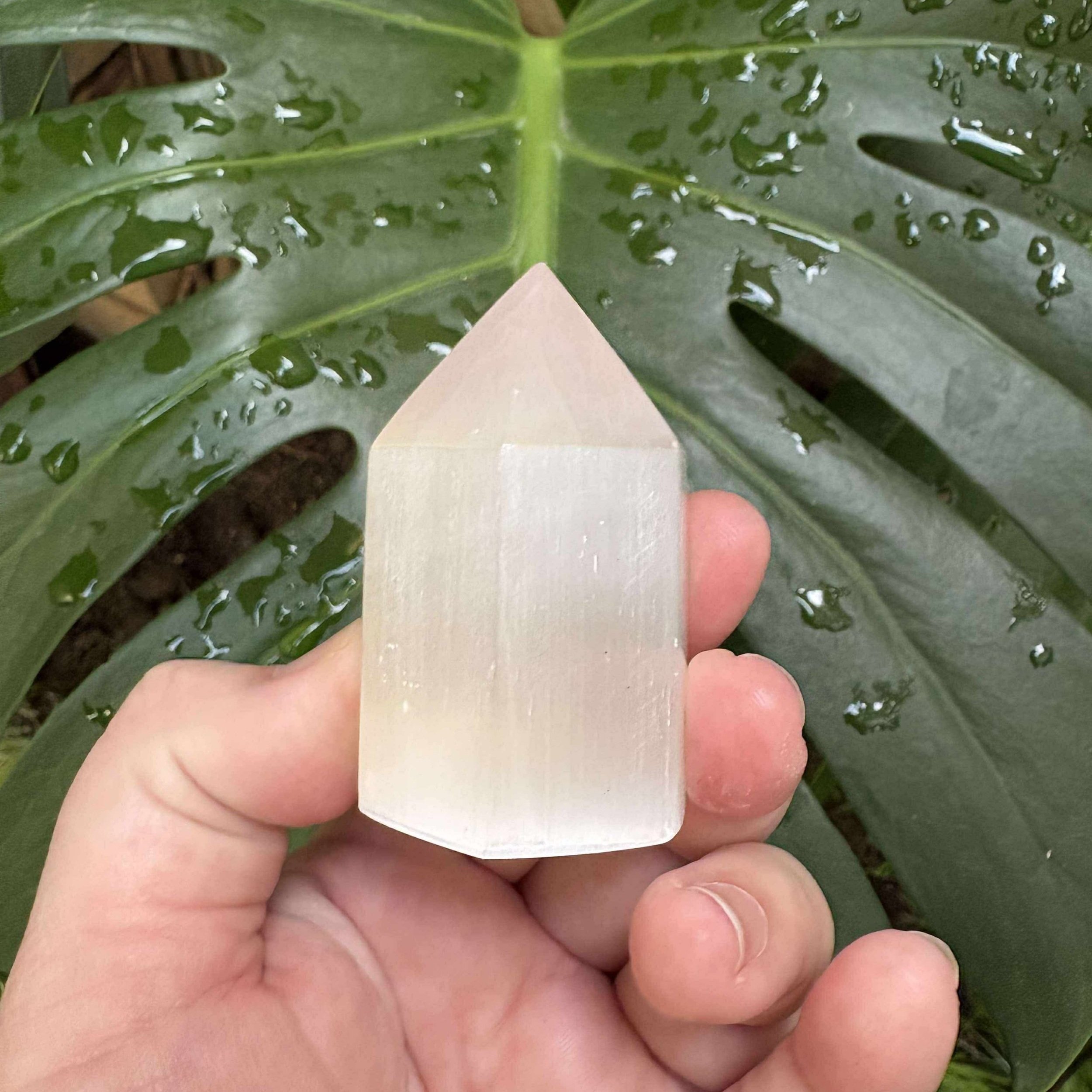 6cm Satin Spar tower from Sunflower Hollows, shimmering white crystal similar to Selenite, perfect for energy cleansing and spiritual clarity