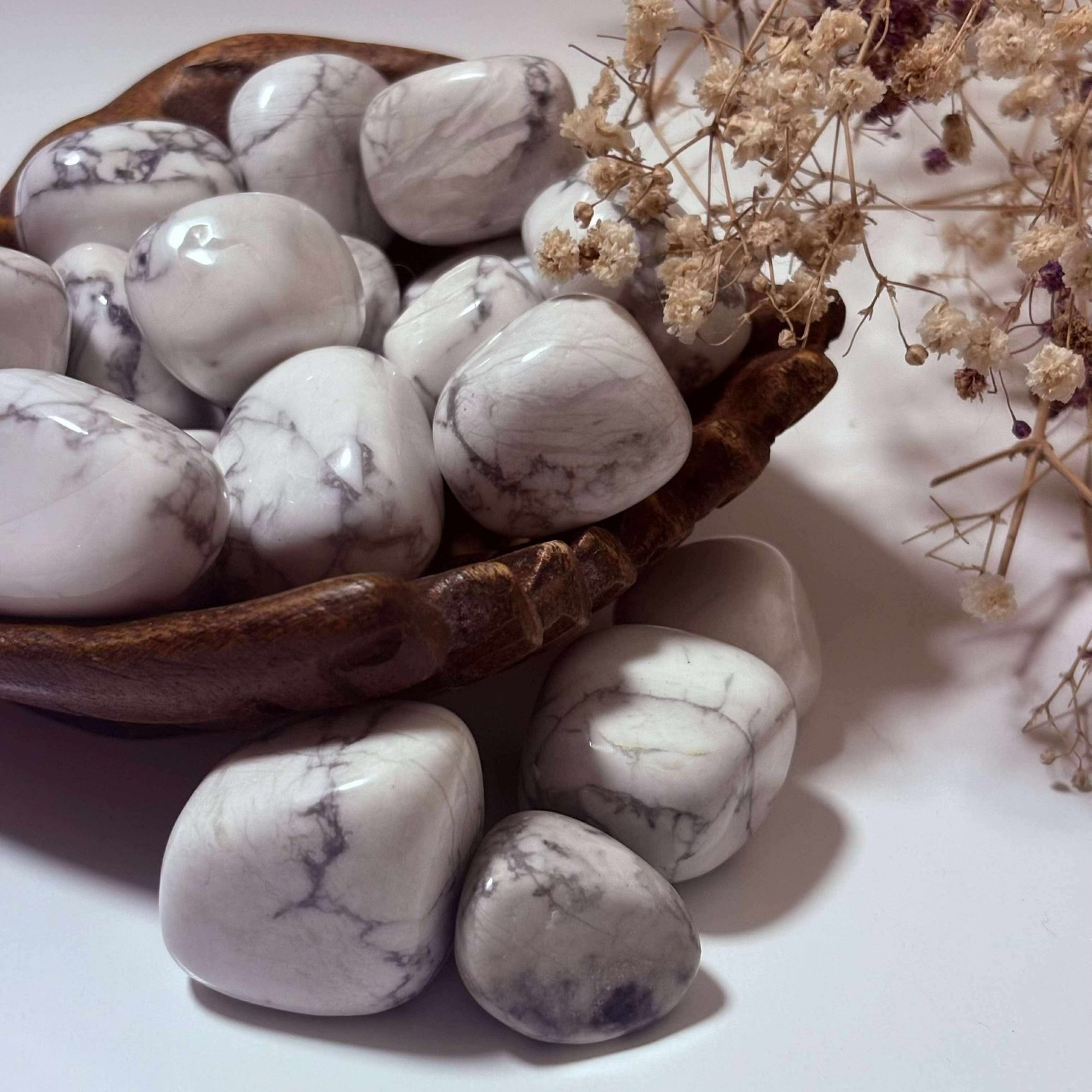 Howlite tumble, pocket-sized stress relief crystal with gentle energy
