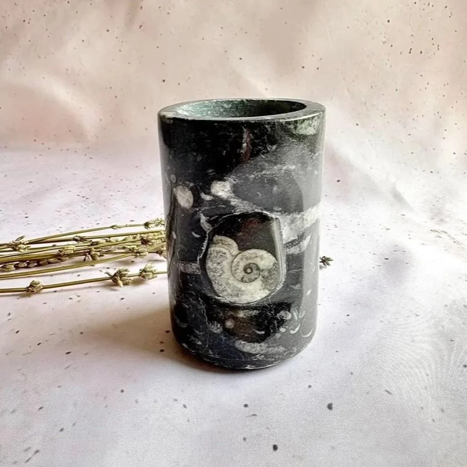 Polished Orthoceras Fossil Vase handcrafted from natural fossil stone, featuring ancient marine fossils preserved in stone, approximately 10 cm tall.