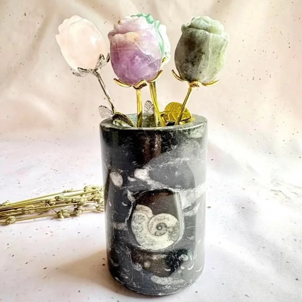 Polished Orthoceras Fossil Vase handcrafted from natural fossil stone, featuring ancient marine fossils preserved in stone, approximately 10 cm tall.