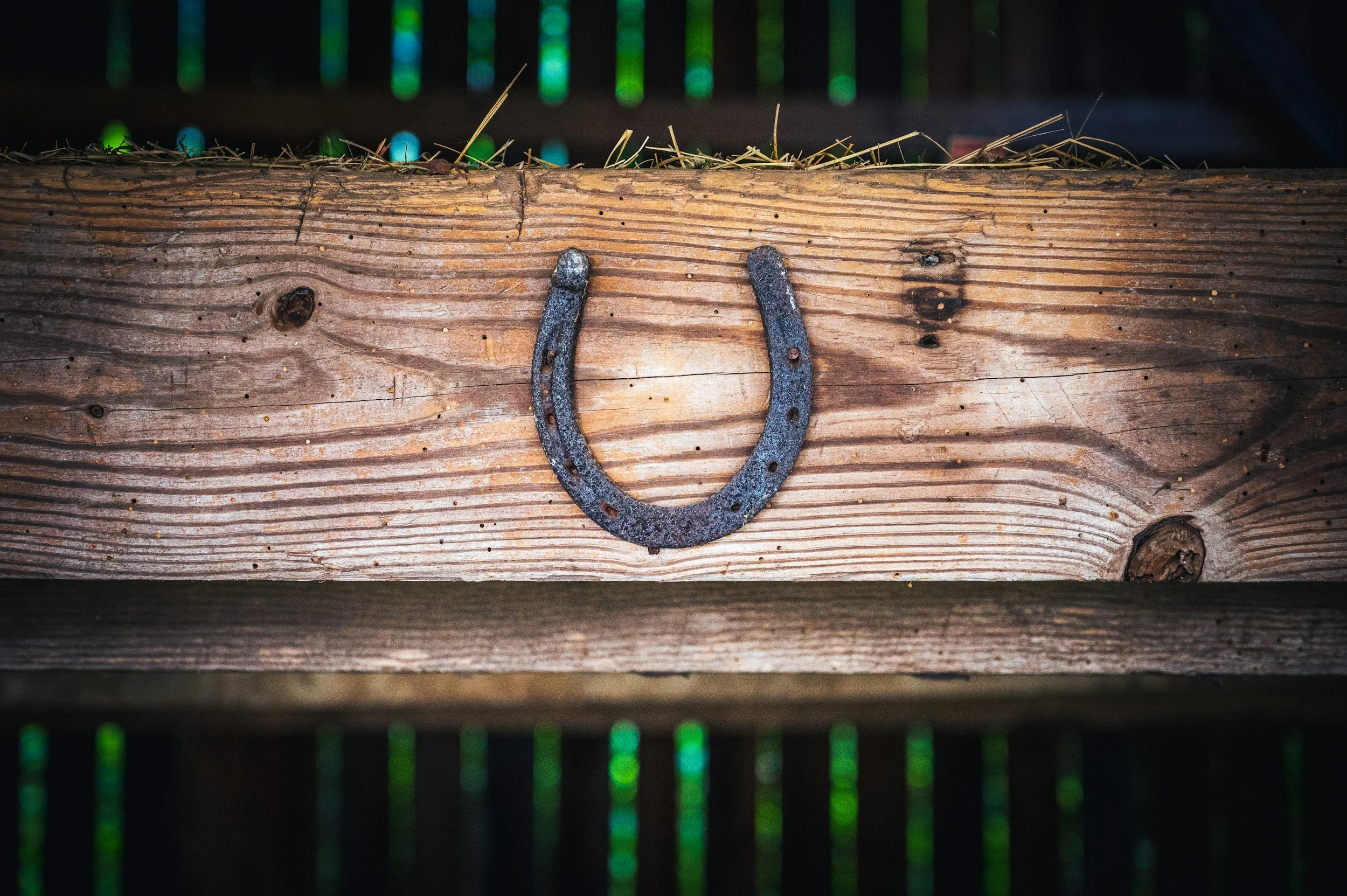 Close-up of a rusty horseshoe attached to a weathered wooden plank, with scattered hay and a dark, blurred background featuring green and blue lights.