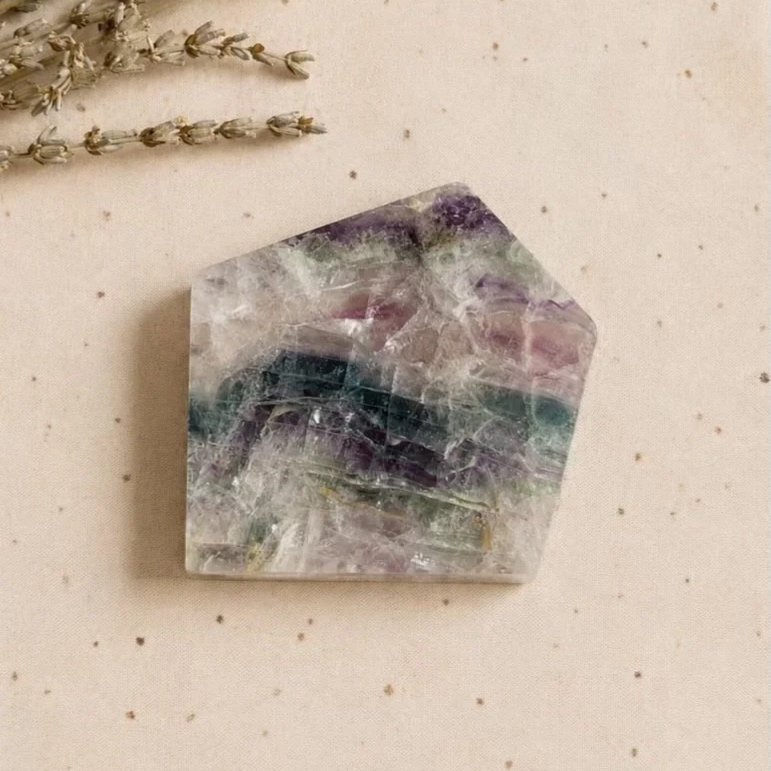 Natural Fluorite slab measuring approximately 7cm wide, 6cm tall, and 1cm thick