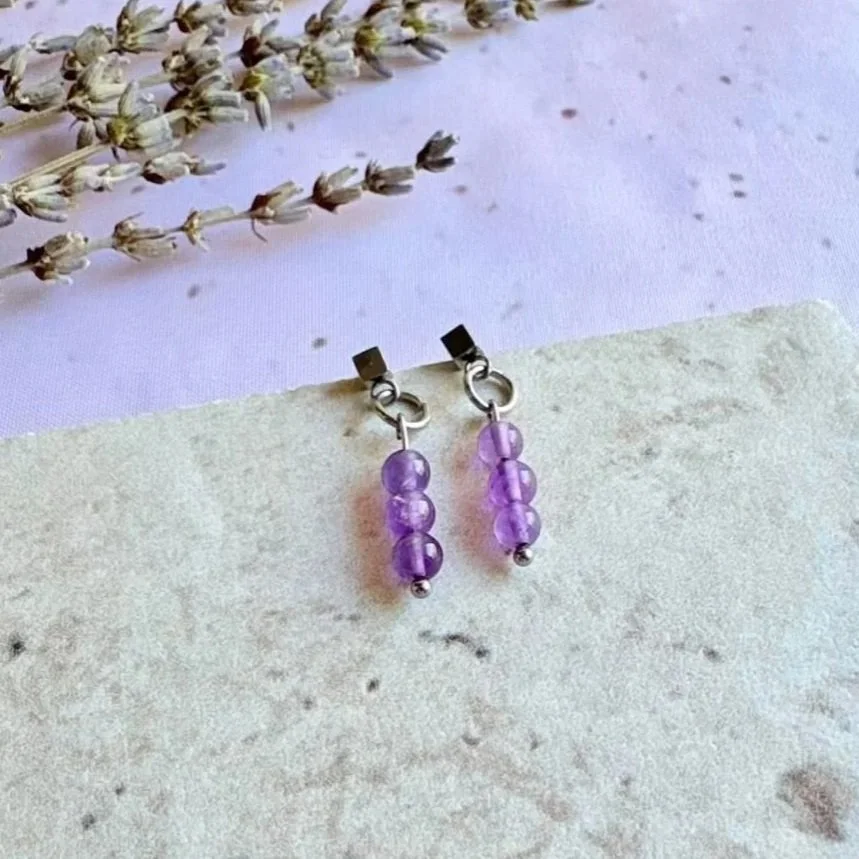 Natural Amethyst drop earrings on stainless steel stud posts
