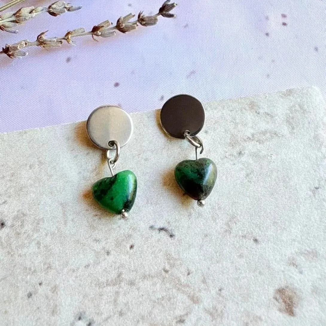 Handmade Ruby in Zoisite heart drop earrings with stainless steel stud posts