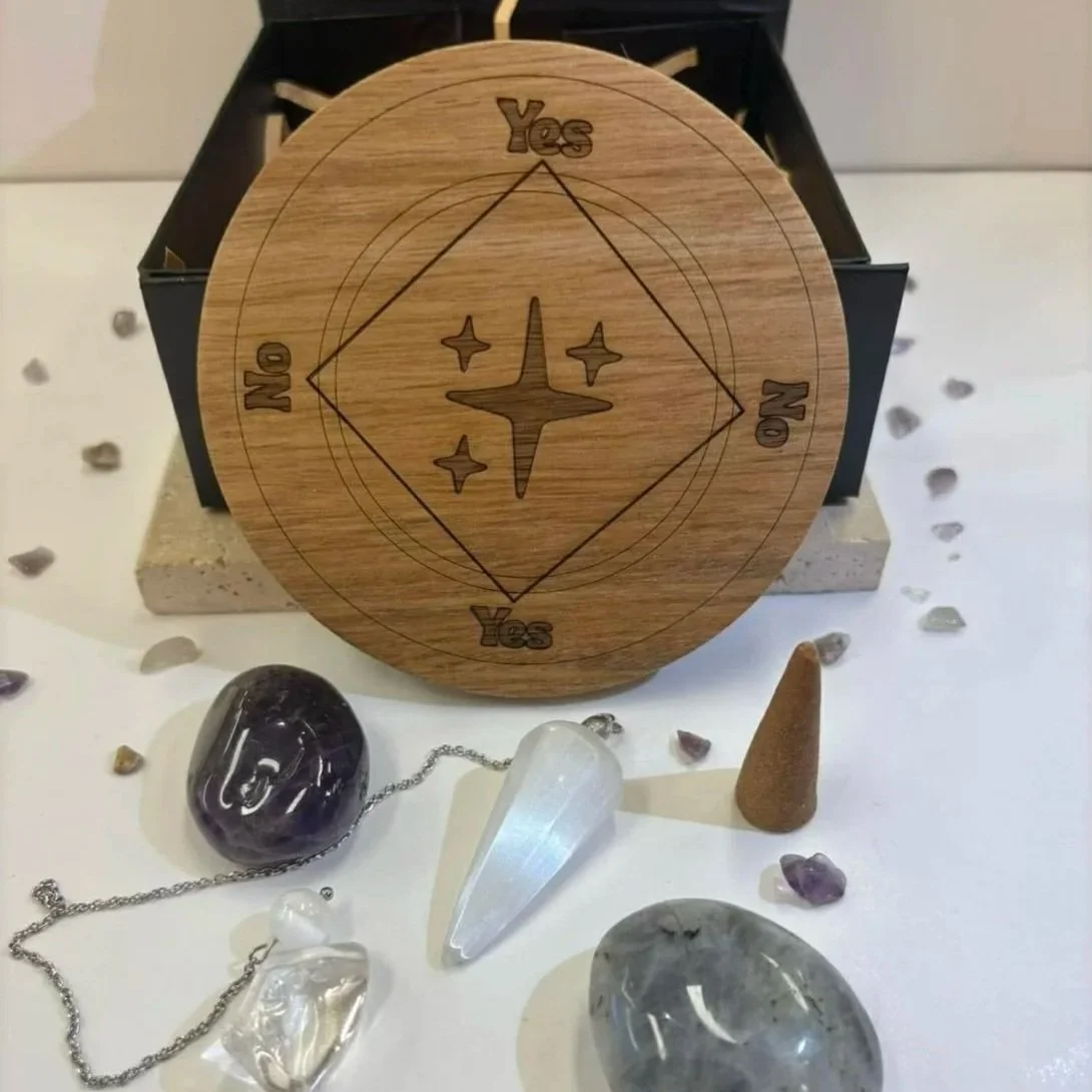 Crystal gift box set with Satin Spar pendulum, Labradorite palm stone, Clear Quartz and Amethyst tumble in magnetic closure box