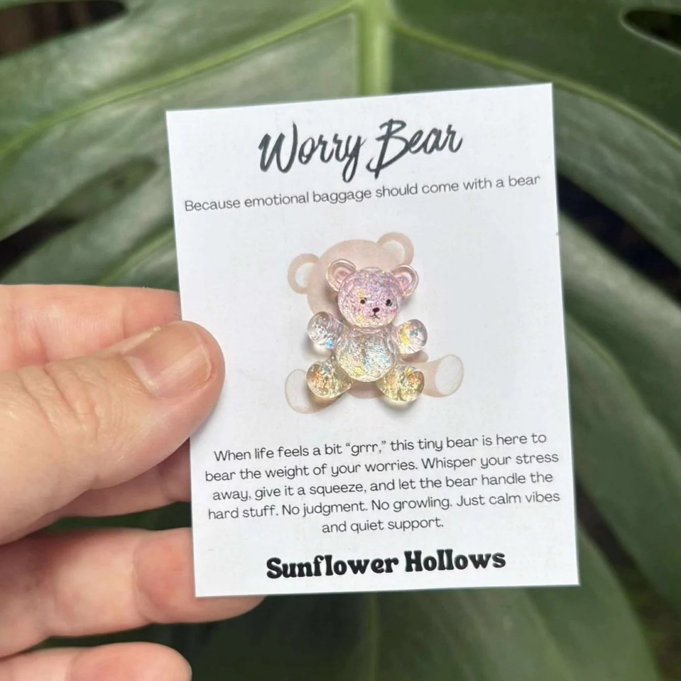 Enamel bear pin with a card that offers calm vibes and stress relief
