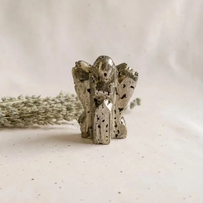 Natural Pyrite angel carving approximately 6.5cm tall with metallic gold lustre