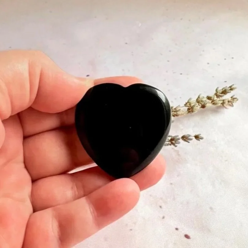 Polished Black Obsidian crystal heart with glossy black finish