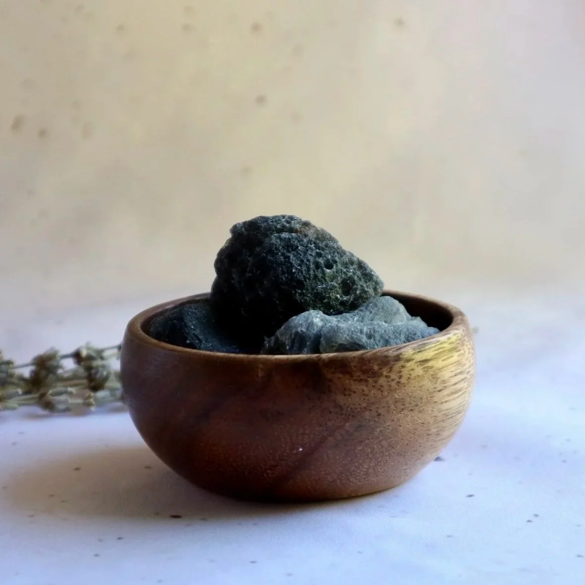 Rough Agni Manitite Indonesian obsidian crystals in wooden bowl