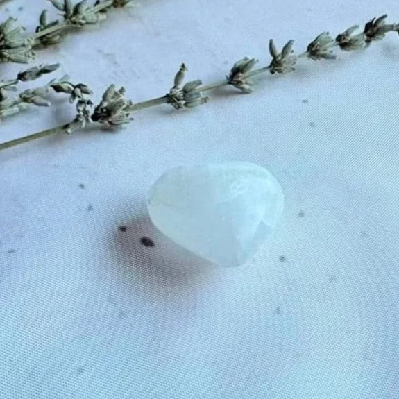 Natural Satin Spar crystal heart for cleansing and peace