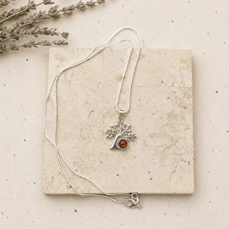 Sterling silver Amber Tree of Life necklace on silver chain