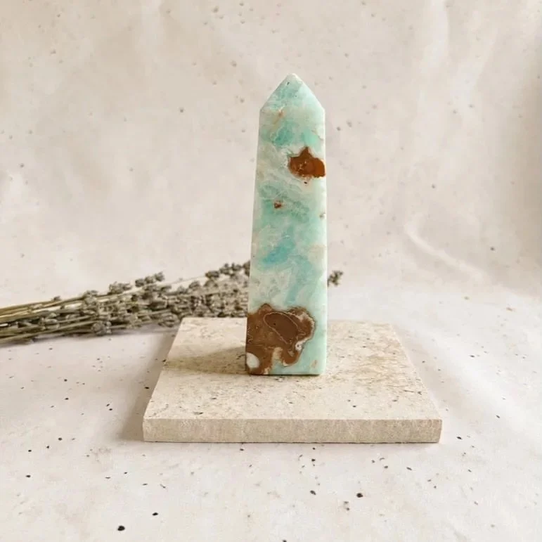Caribbean Calcite crystal tower featuring ocean-inspired colours and natural banding, measuring approximately 11.5cm tall