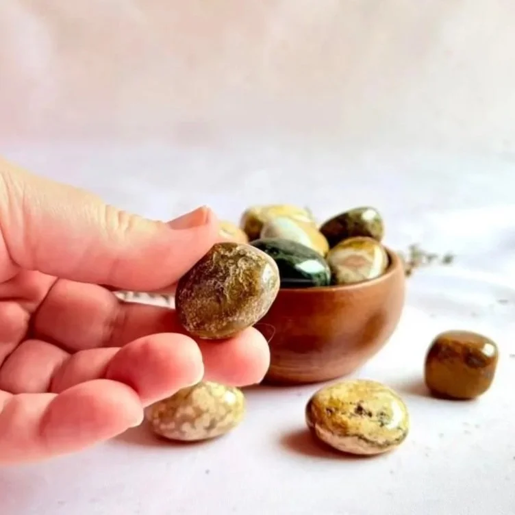 Polished Ocean Jasper crystal tumble with earthy green and cream tones