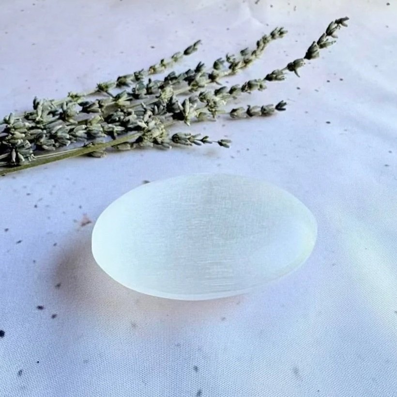 Natural Satin Spar crystal palm stone commonly sold as Selenite
