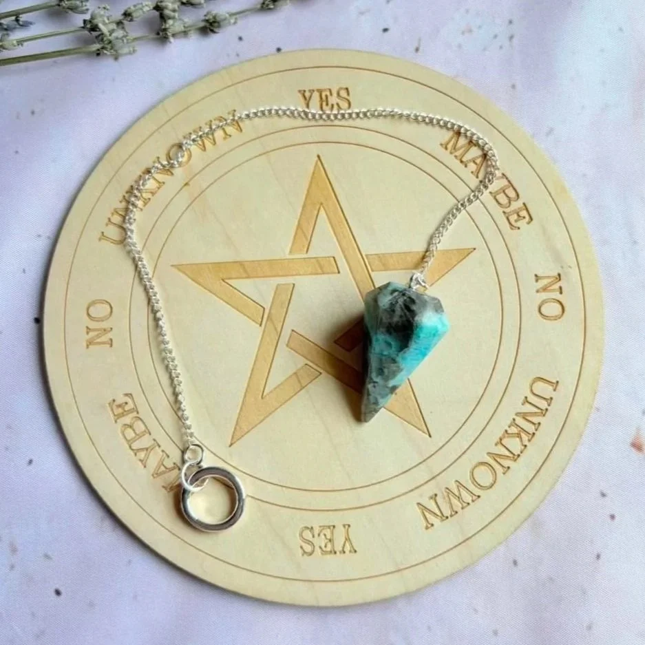 Natural Amazonite dowsing pendulum displaying blue-green colouring