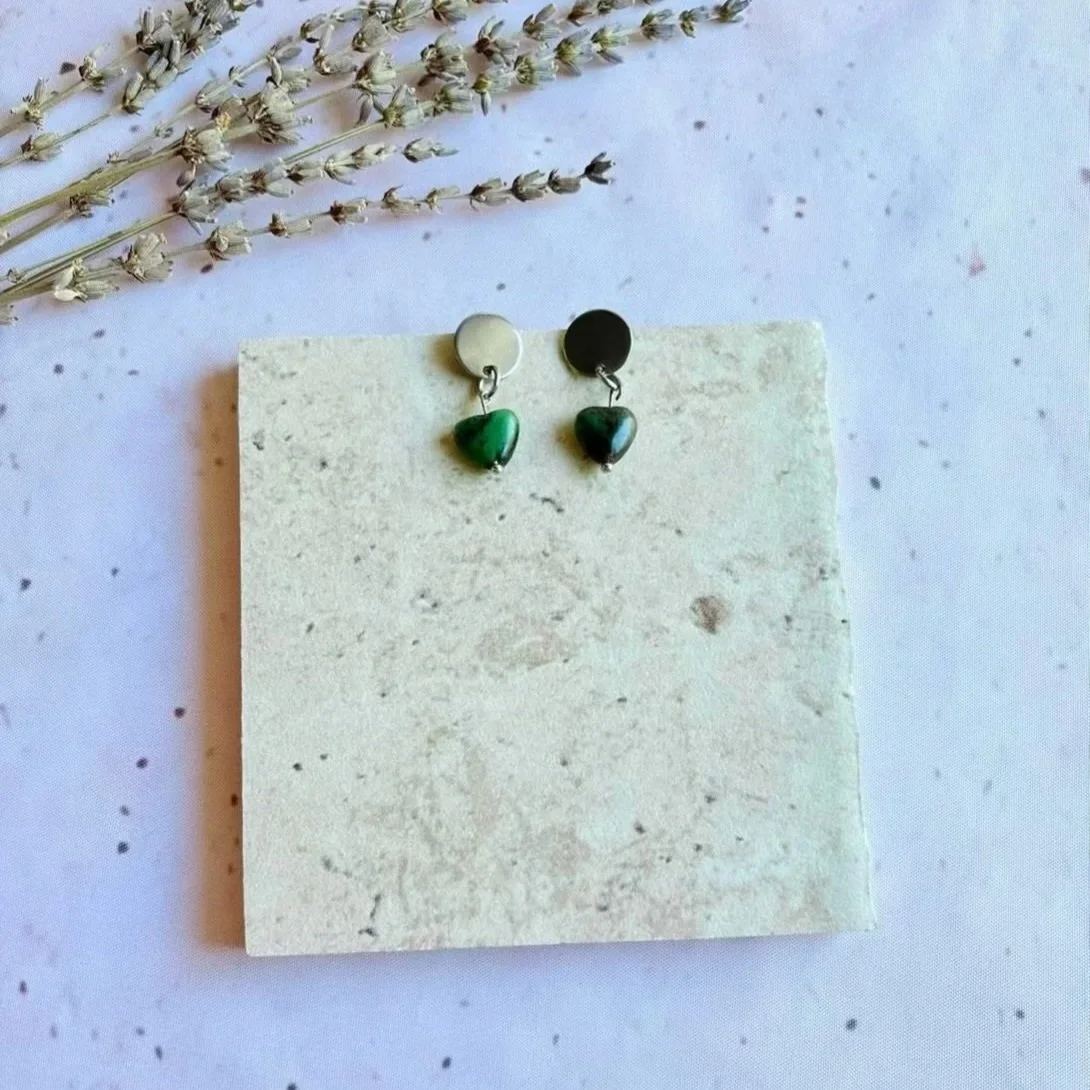 Ruby in Zoisite crystal heart earrings handcrafted with hypoallergenic stainless steel