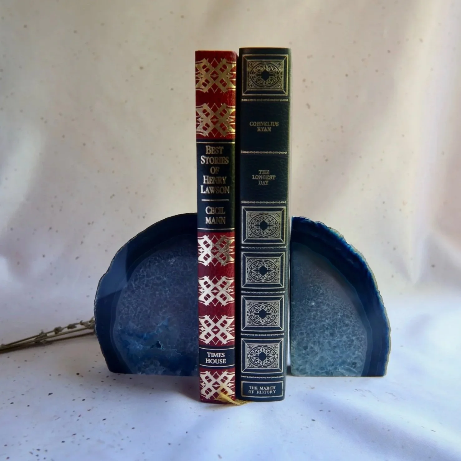 Blue Agate crystal bookends displaying books