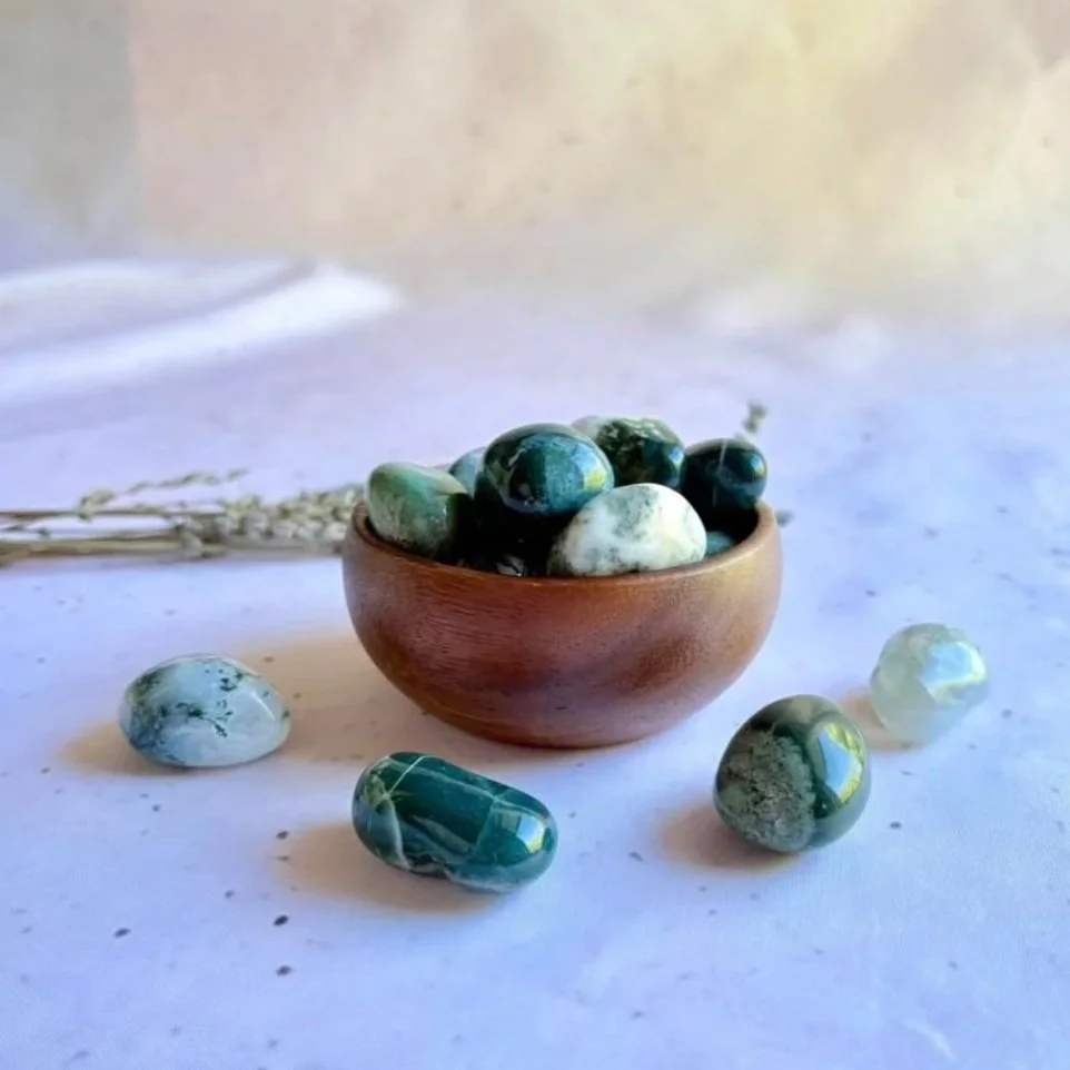 Moss Agate tumble associated with growth, new beginnings, and abundance
