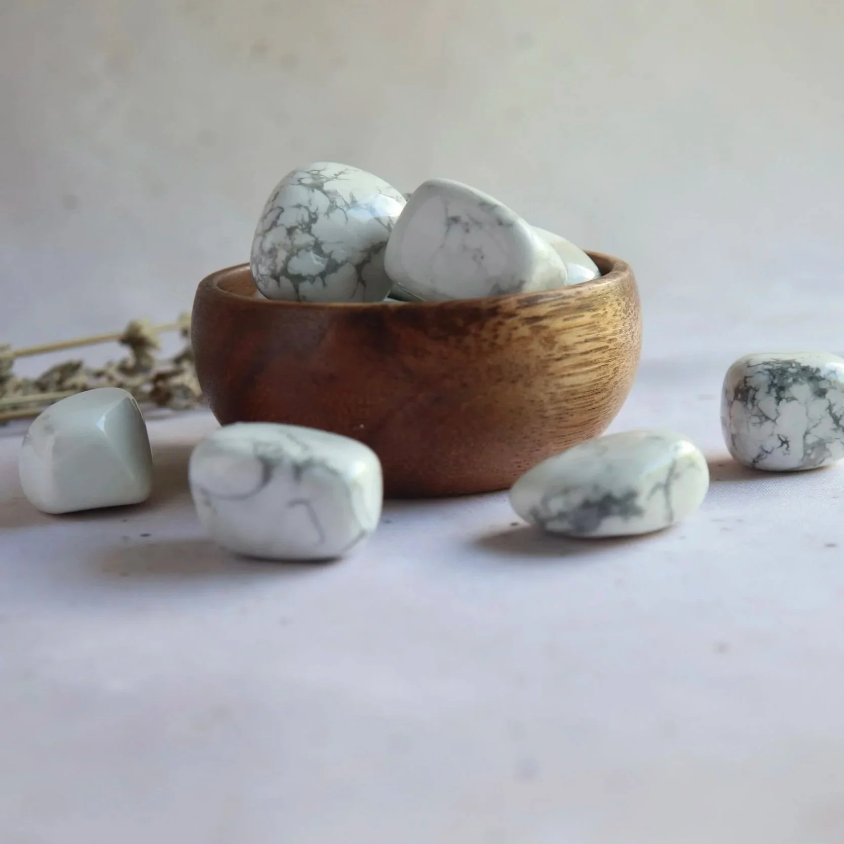 White Howlite crystal tumble showing distinctive natural markings