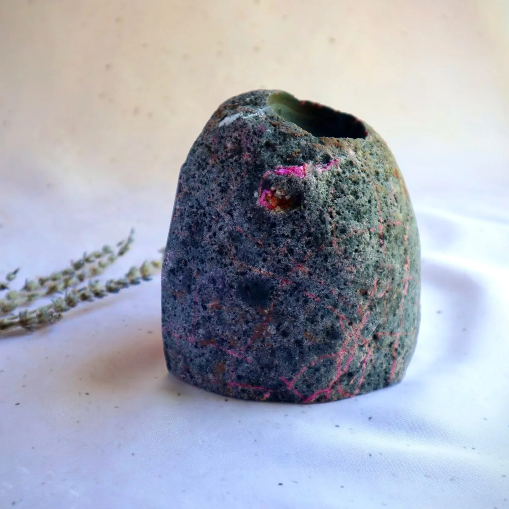 Brazilian Pink Dyed Agate candle holder for crystal home décor and meditation spaces.
