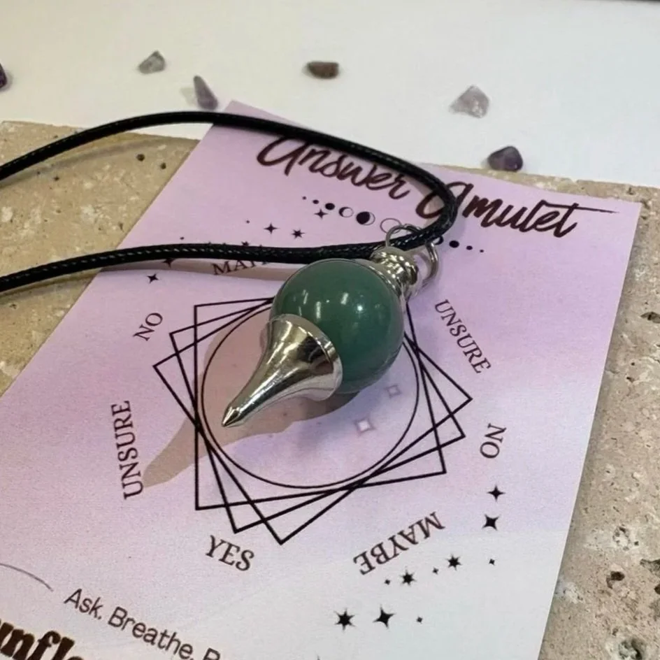 Green Aventurine crystal pendulum necklace with divination board card by Sunflower Hollows