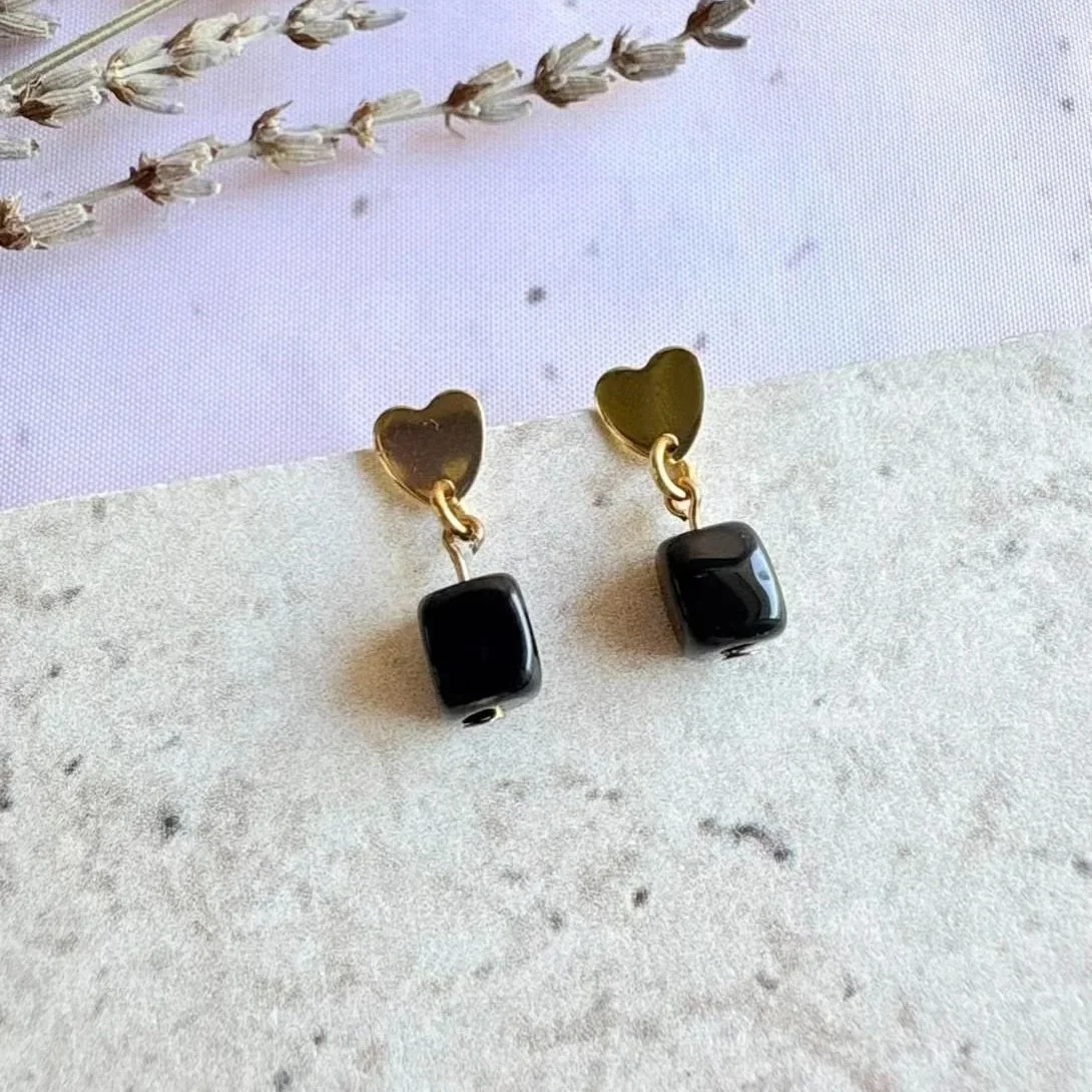 Handmade Black Agate heart drop earrings with stainless steel heart stud posts