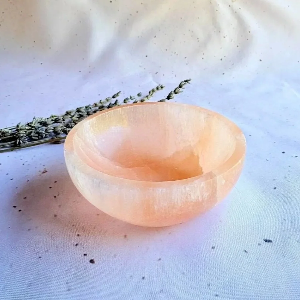 Peach Satin Spar bowl measuring approximately 10cm wide and 4cm high