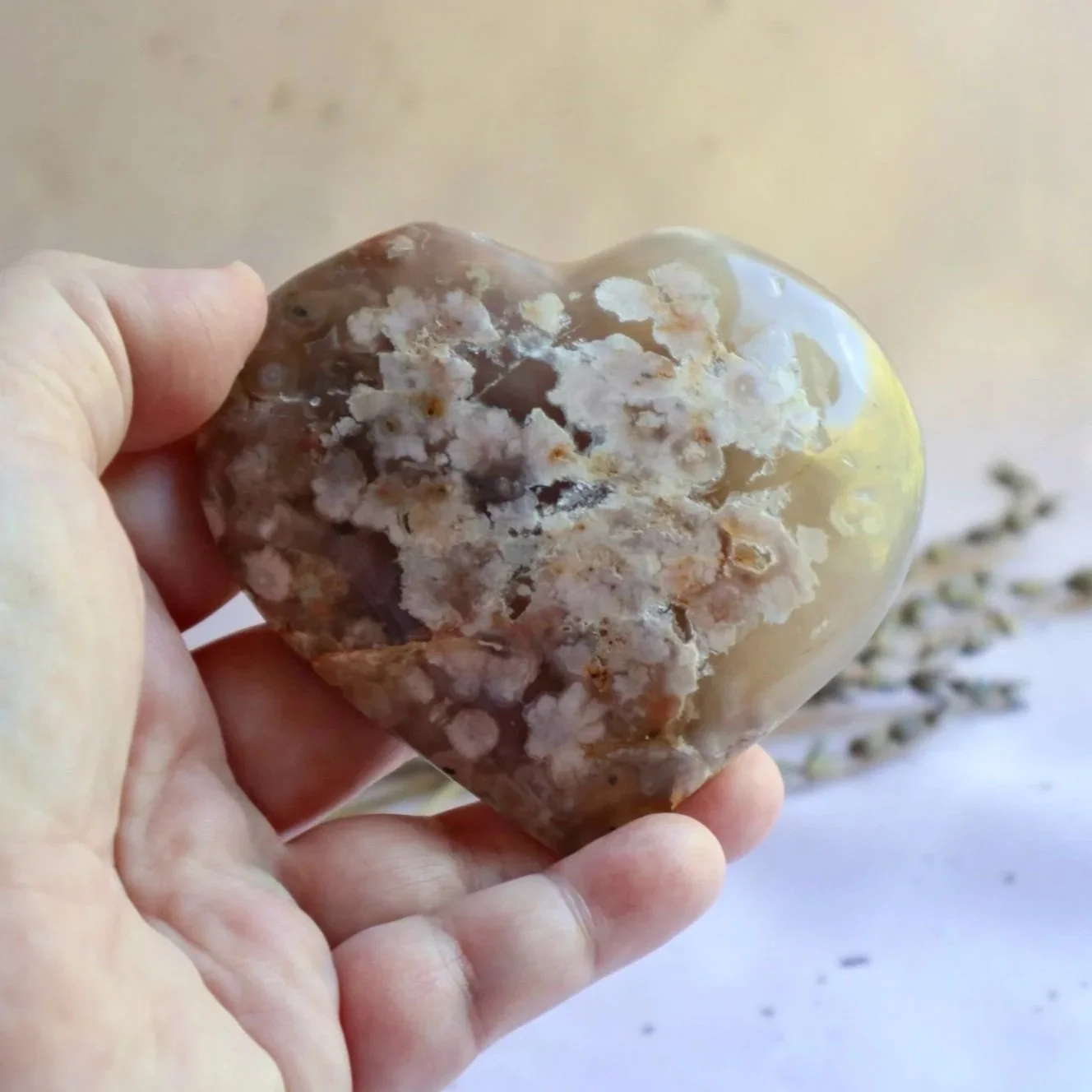 Large Flower Agate heart measuring approximately 8.5 cm wide